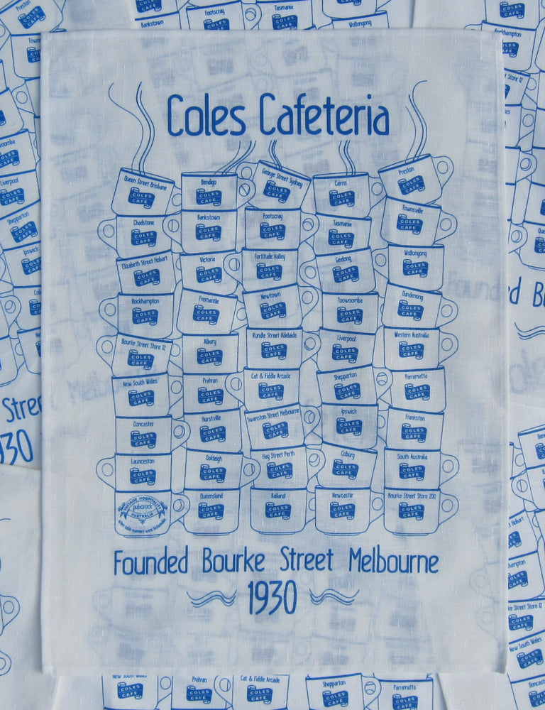 Stacked - Coles Cafeteria Art Tea Towel - Cups - Blue & white - one Tea Towel on top of other Tea Towels