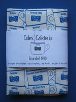 Folded Front with Front - Coles Cafeteria Tea Towel - Cups - Blue & white - For anyone who's enjoyed a cup of anything... any decade... any part of the world